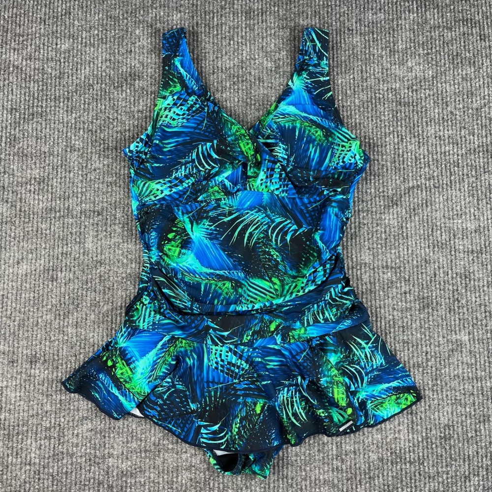 Ceeb Swimsuit‎ Womens 16 Blue Green Tropical Palm Print One Piece Ruffle Skirt